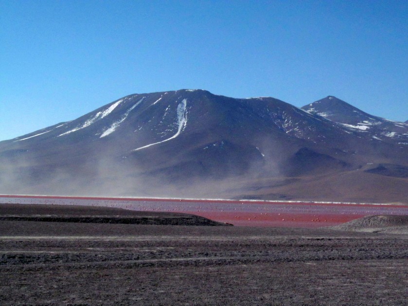 Laguna Colorada. The water is coloured in red as the flamingos that live there .